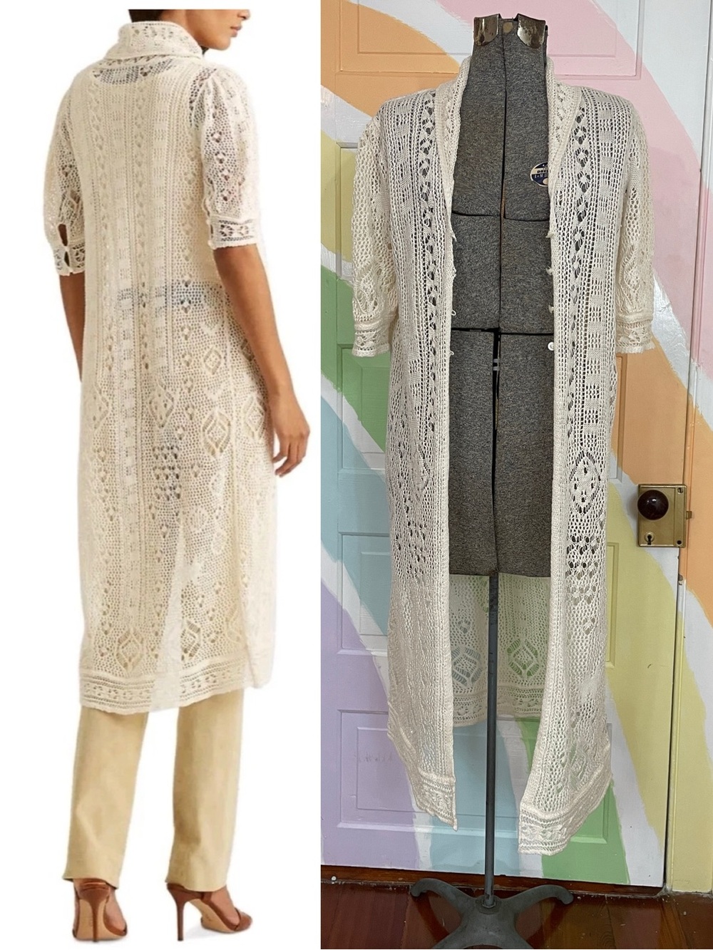 Ralph Lauren Black Label 100% Linen Crochet Duster Ivory Cardigan Sz M 🧡🎀